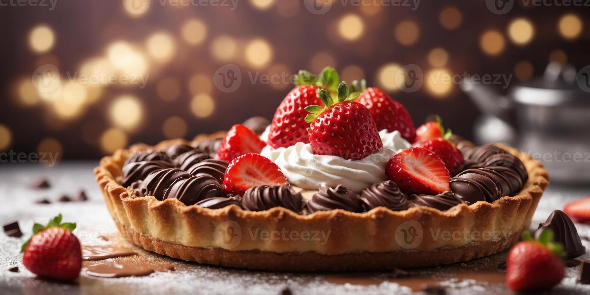 Chocolate strawberry tart with whipped cream. photo