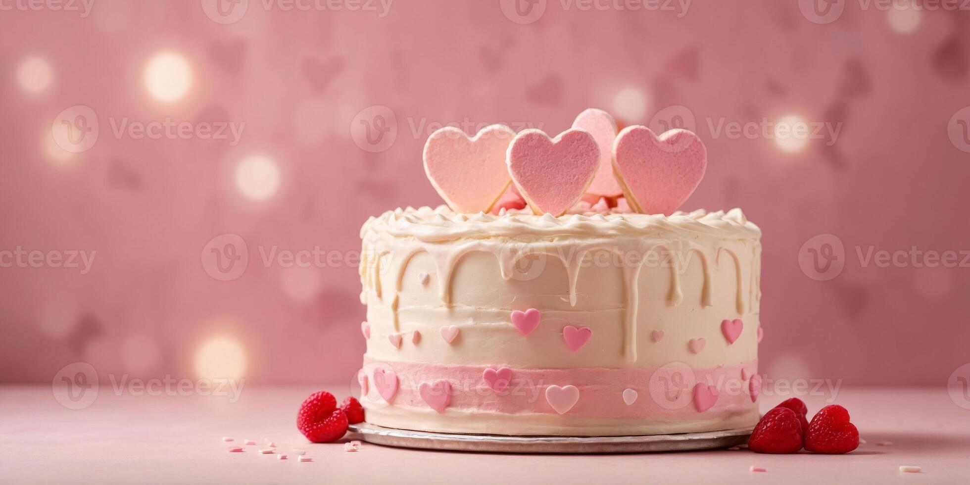 Whole cream cake with hearts on pastel pink background with copy space. photo