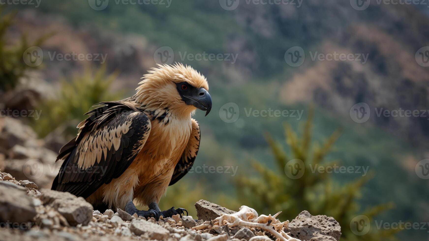 Bearded vulture feeding on bones in natural habitat. photo