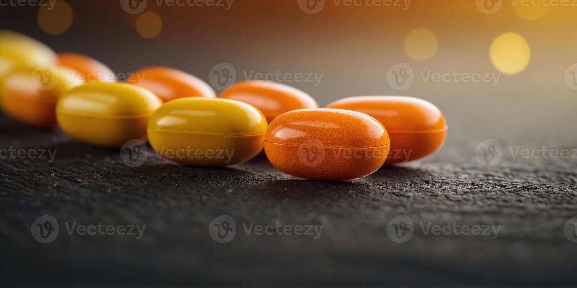 a row of small round yellow and orange pills. photo