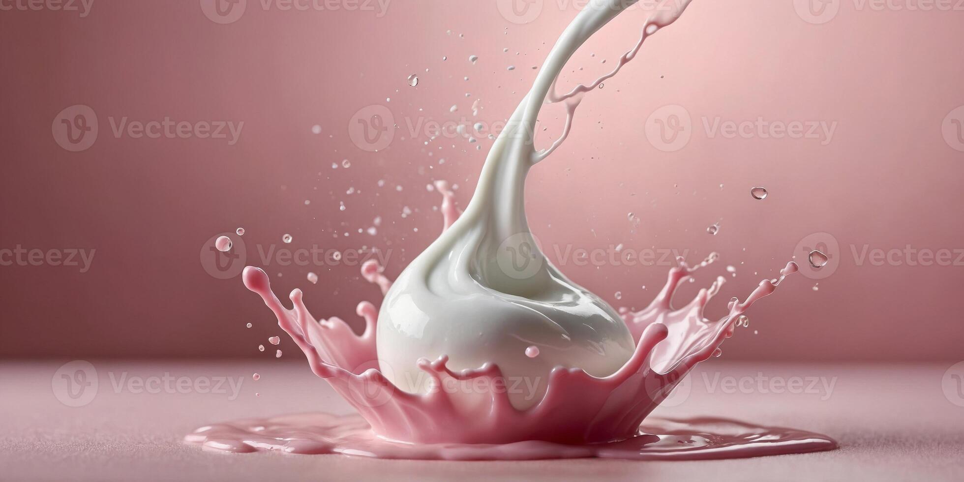white yogurt splash in a shape of a hear on a pastel pink background. photo