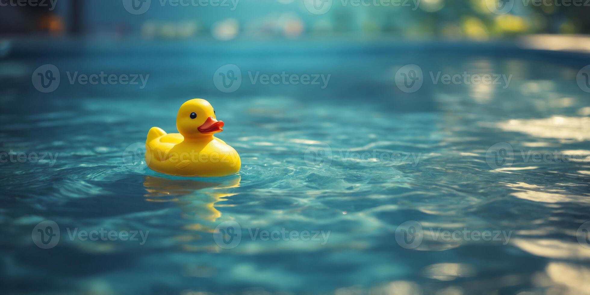 Yellow rubber duck floating on clear blue pool water Sunny and playful summer vibe. photo