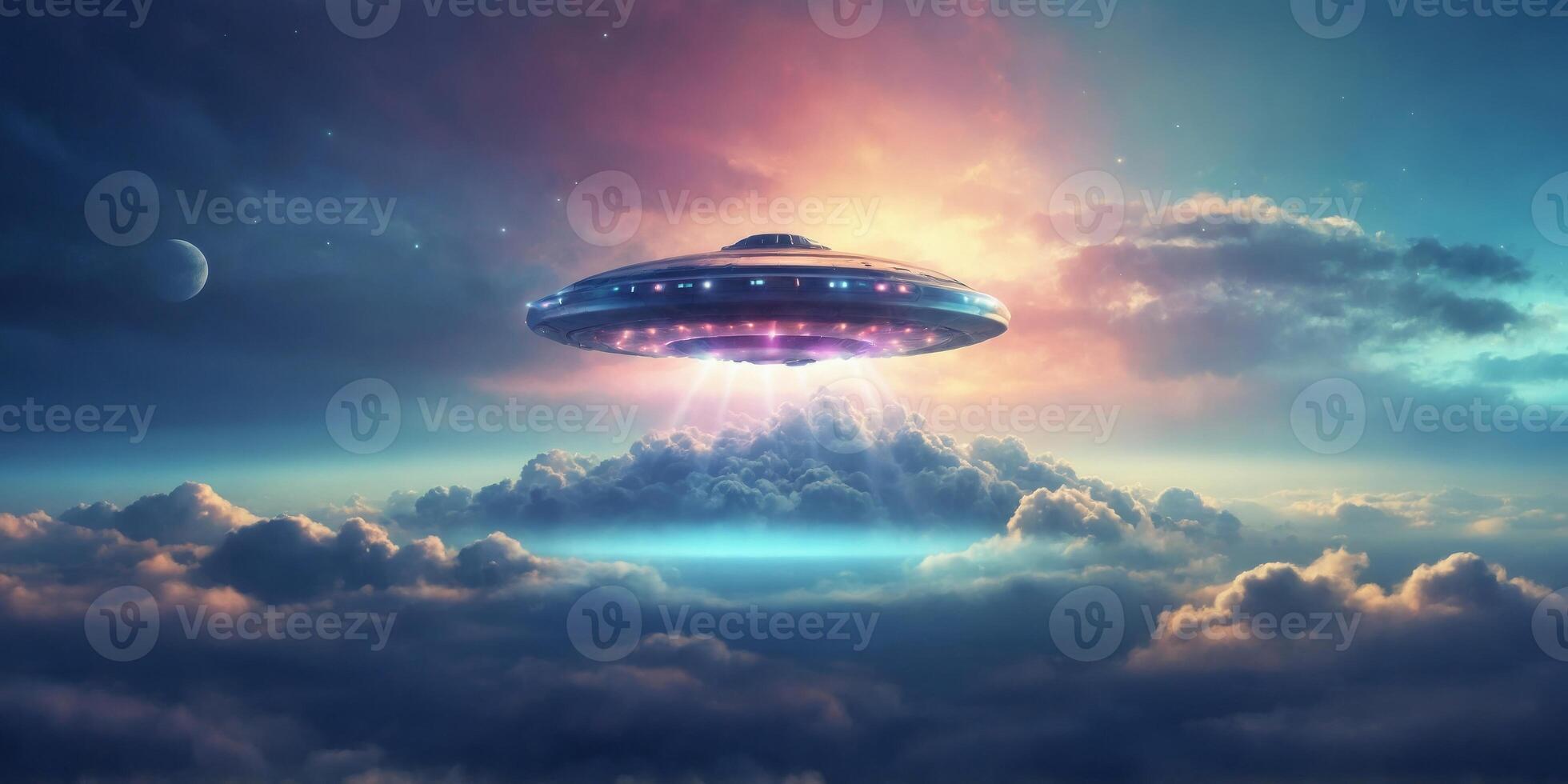 A futuristic UFO hovering above clouds with a beam of light. photo
