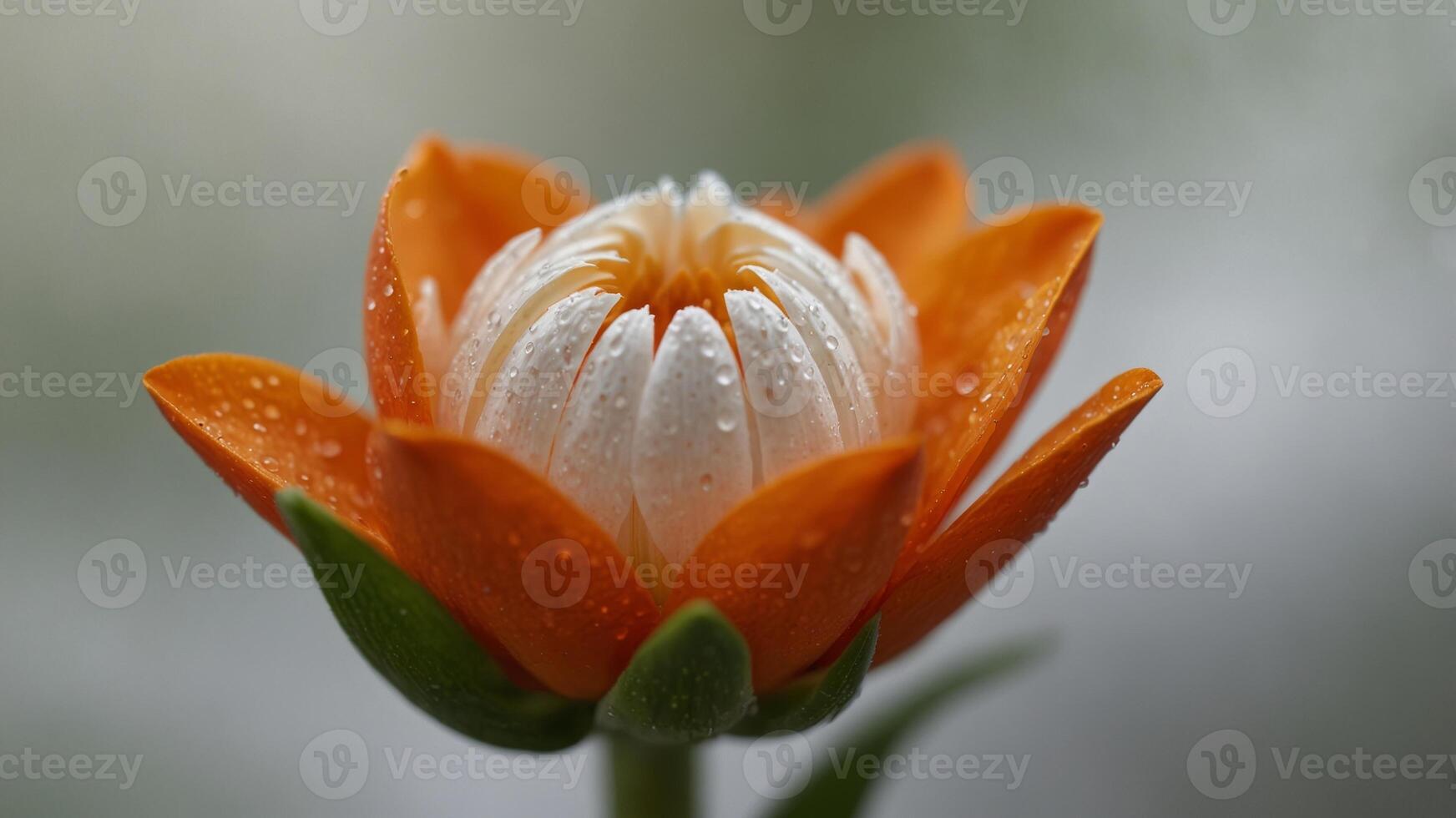 A tight shot of an orange bloom featuring white striped petals and a white center. photo