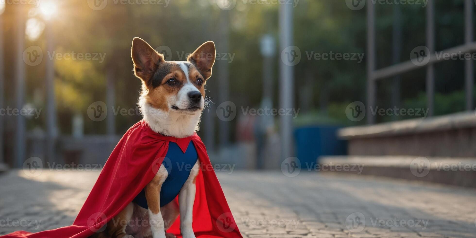 A playful dog dressed as a superhero with a red cape and mask. photo