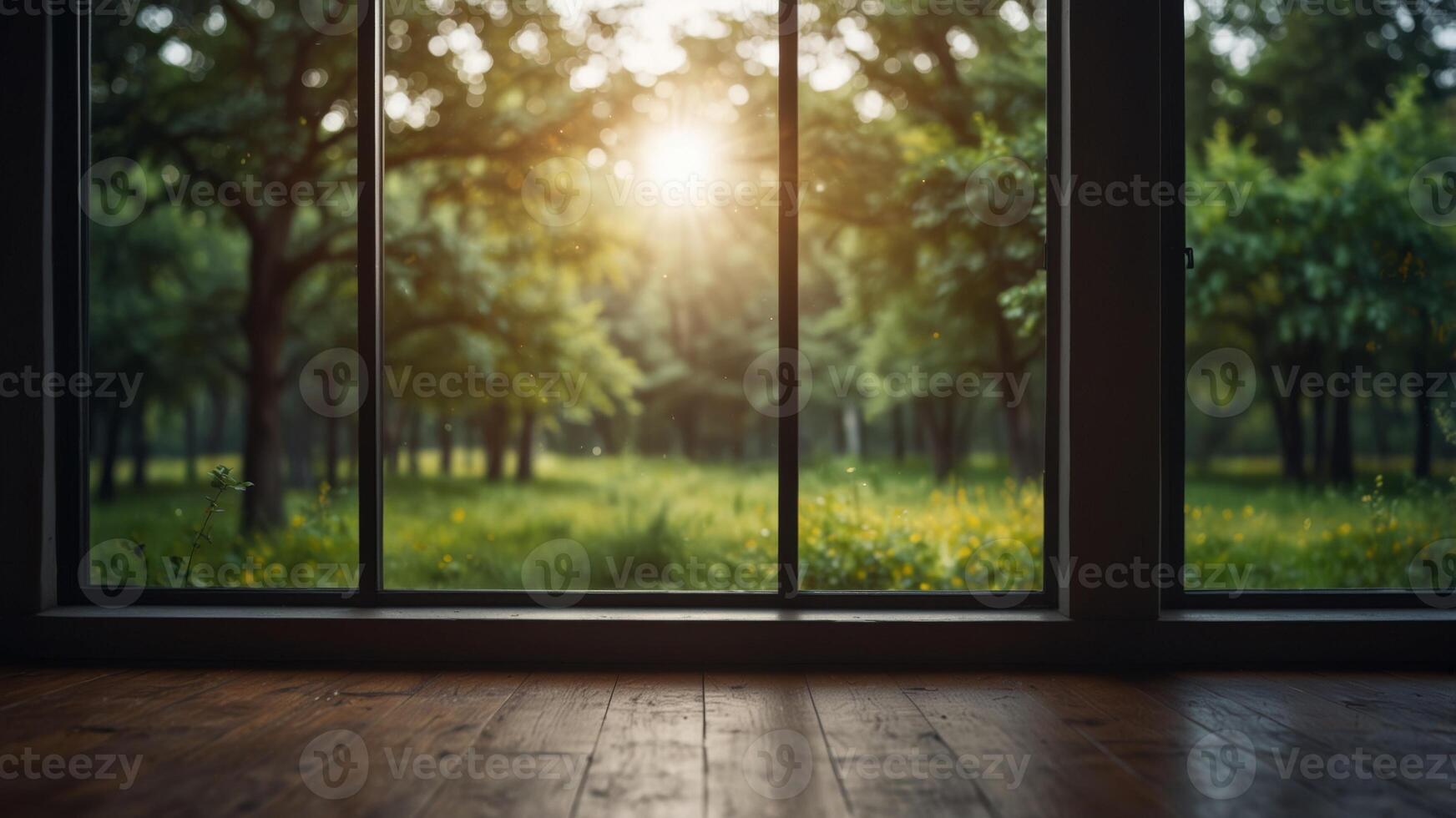 Bright empty room with window view of nature. photo