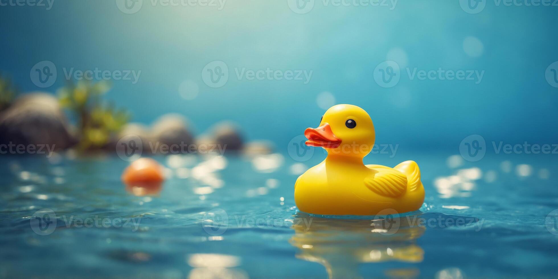 Yellow rubber duck floating on clear blue pool water Sunny and playful summer vibe. photo