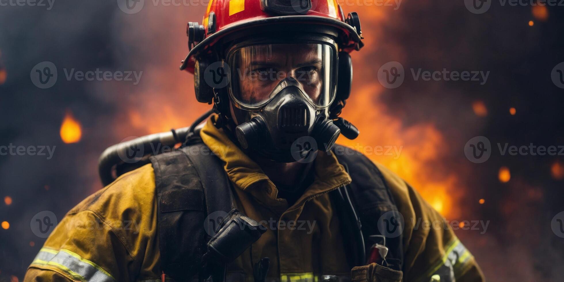 Firefighter in Protective Gear Tackling a Major Blaze Emergency Response and Bravery in Action. photo