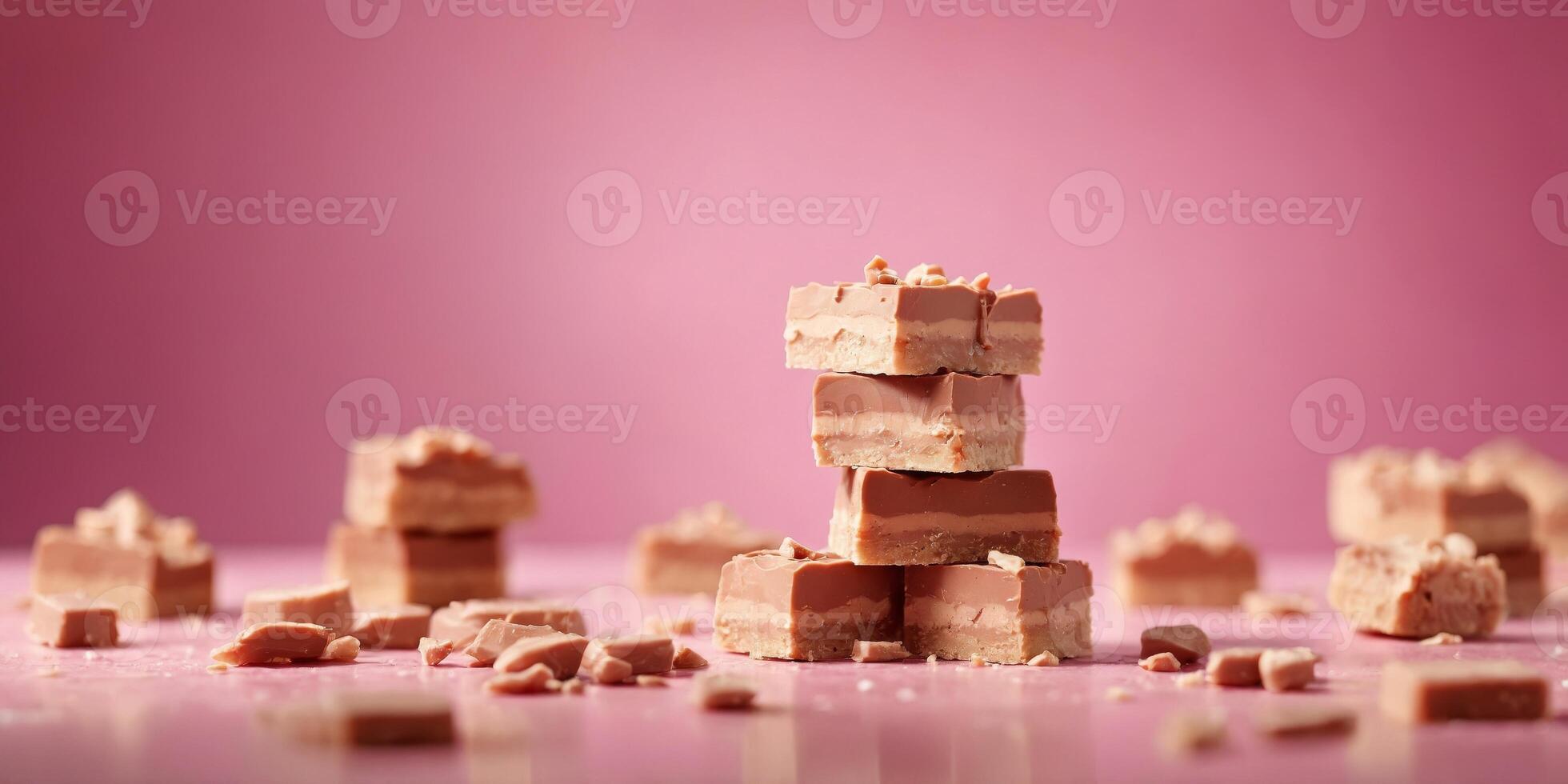 Fudge confectionery in front of pink background. photo