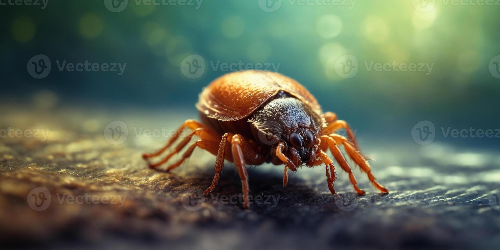Close up of tick insect crawling in dog fur. photo