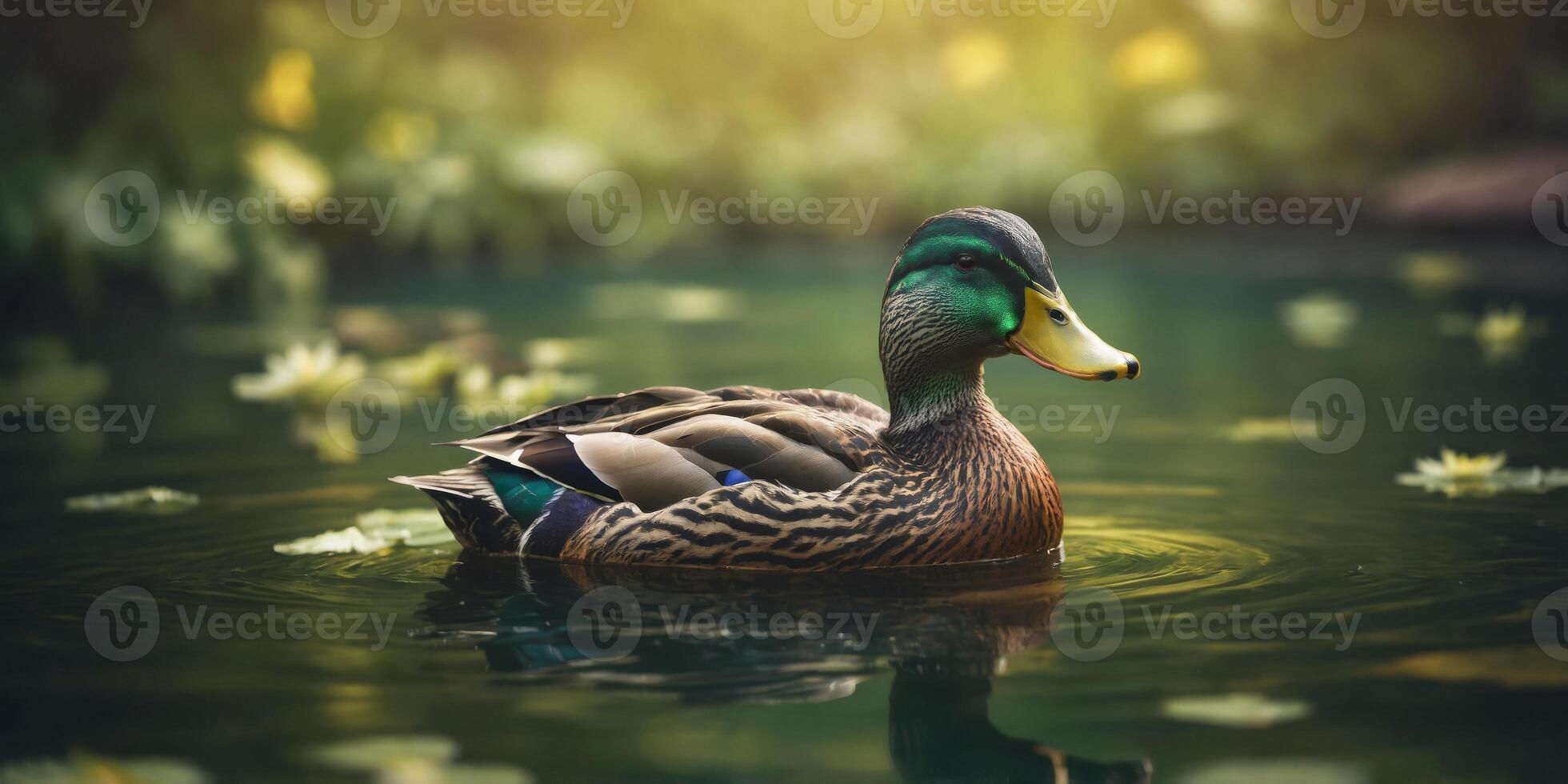 Mallard duck swimming in a pond in the springtime. photo