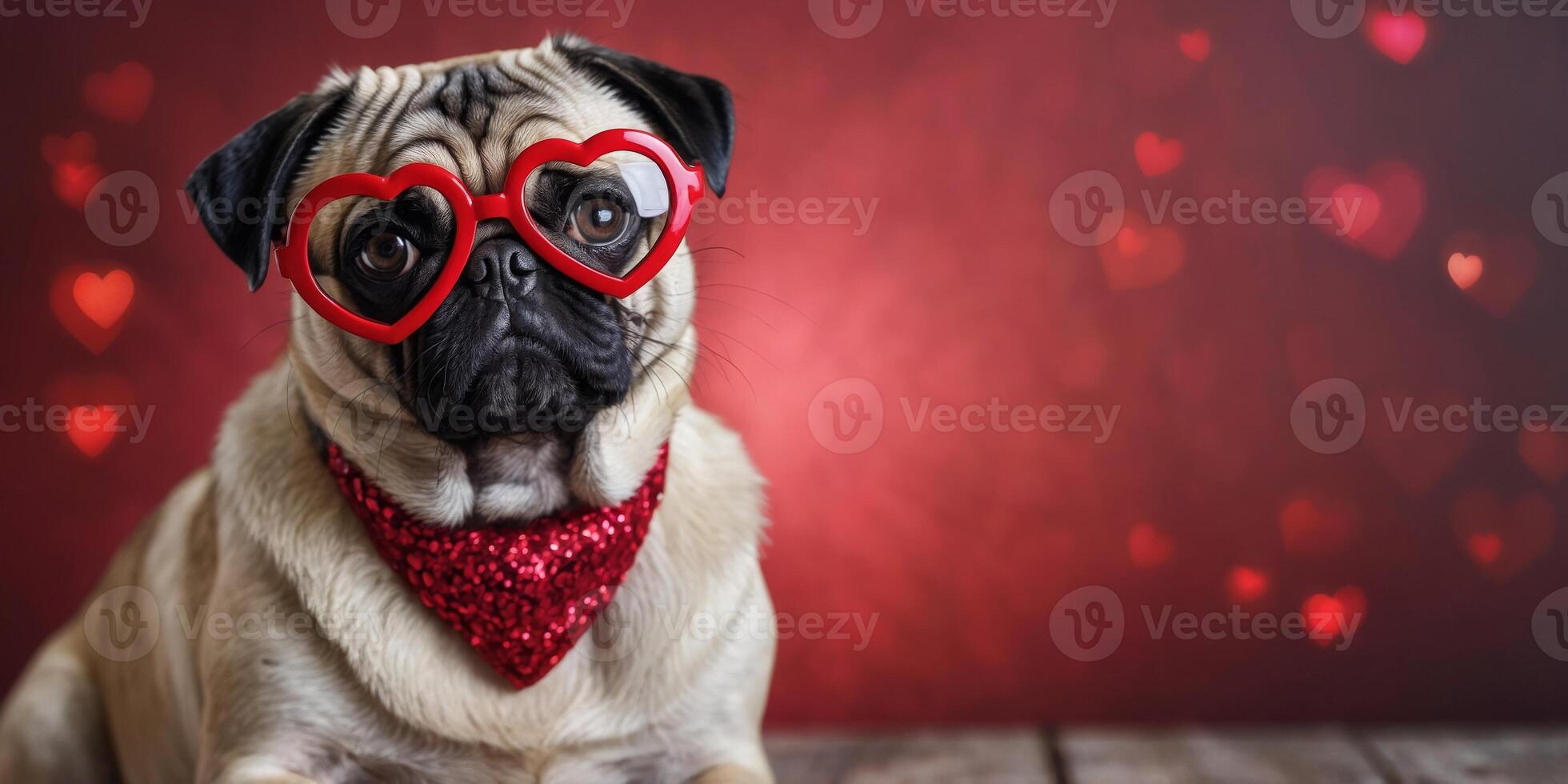 Pug dog with heart shaped Valentine's day glasses. photo