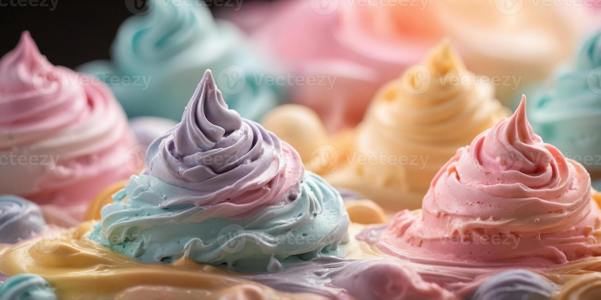 Close up of pastel colored soft serve ice cream or cake frosting swirls. photo
