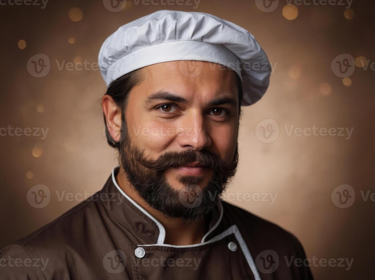 Happy chef with beard and mustache on brown background with copy space. photo