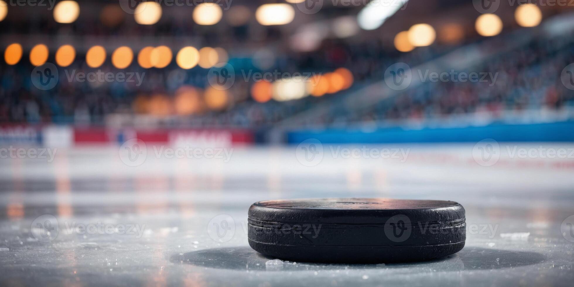 Close-up of a hockey puck on the ice in a sports arena. photo