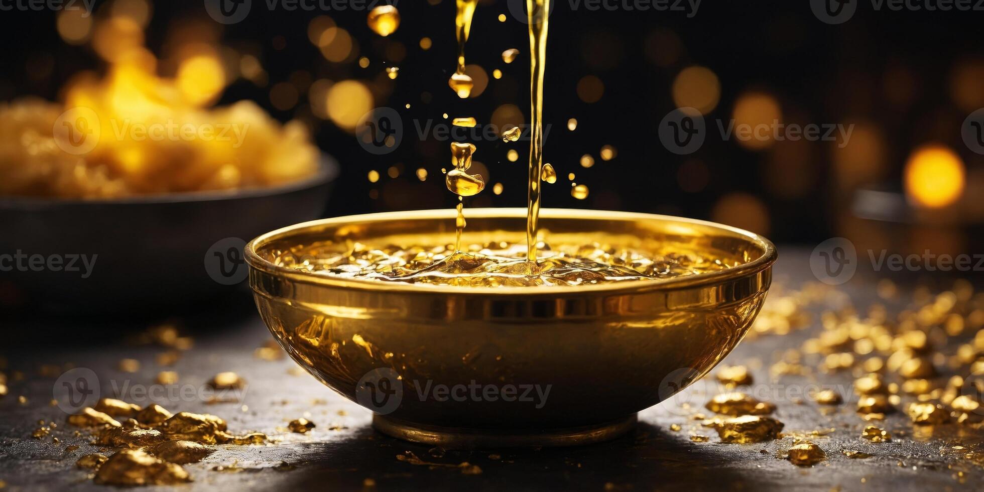 Close-up of golden liquid being poured into a metal bowl. photo