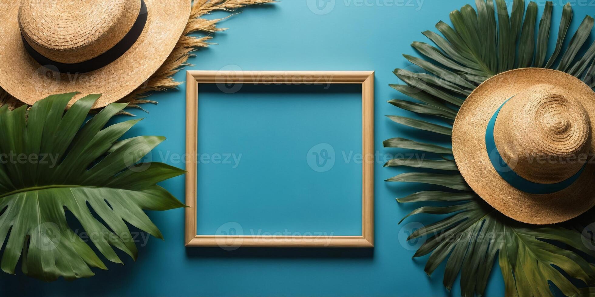Summer flat lay with empty picture frame surrounded by tropical palm leaves and straw hat on blue background. photo