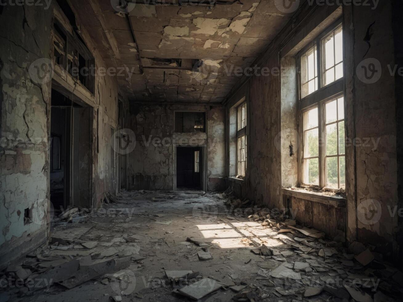 Decay and Ruin in an Abandoned Building Interior. photo