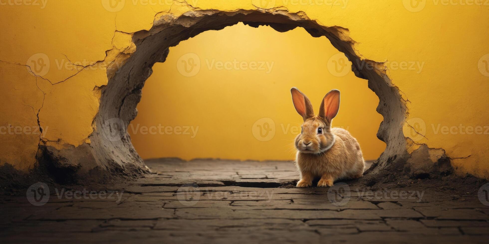 cute rabbit coming through crack hole in solid yellow background with copy space. photo