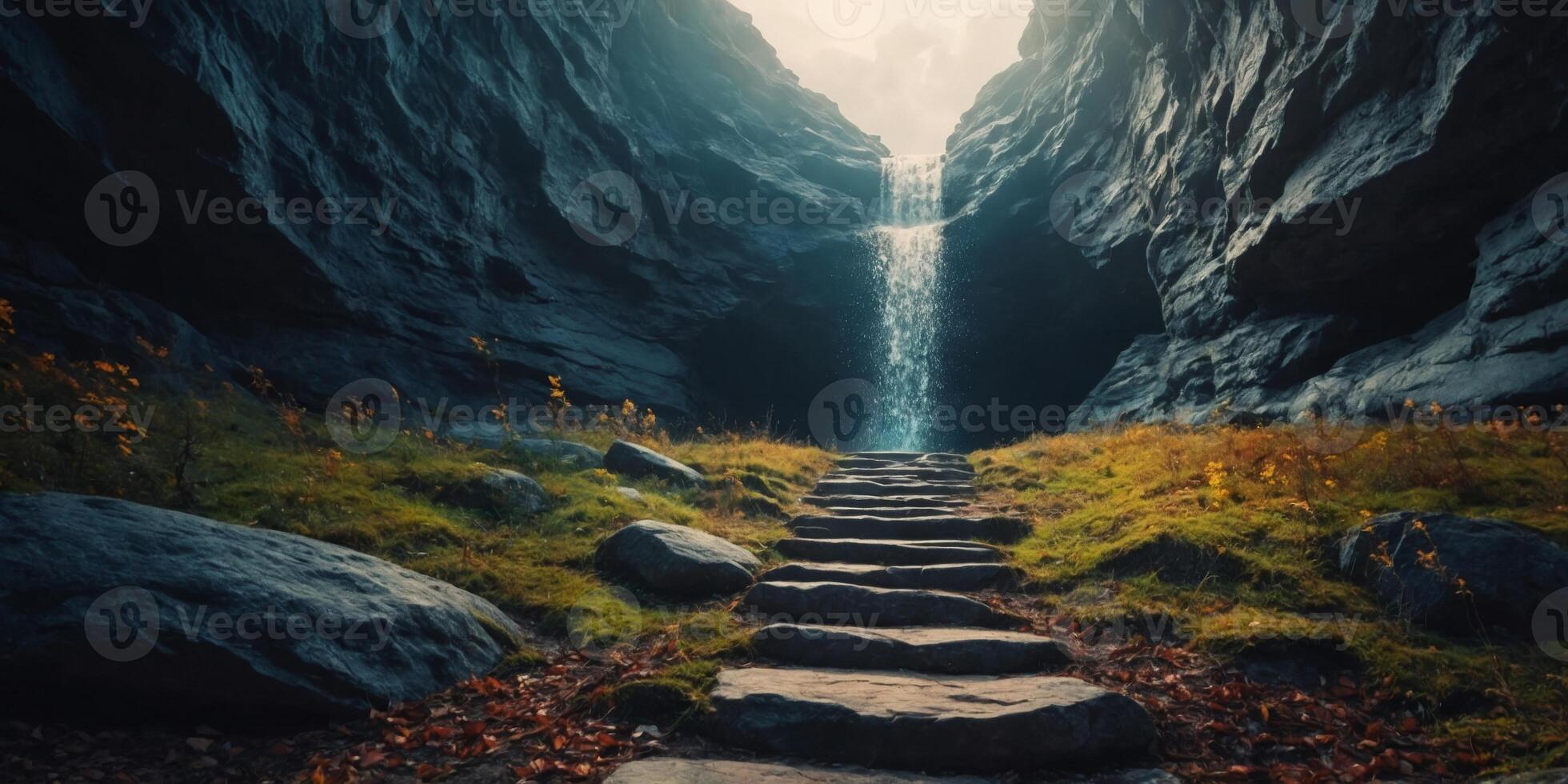 Stone pathway leading to a mysterious cave entrance. photo