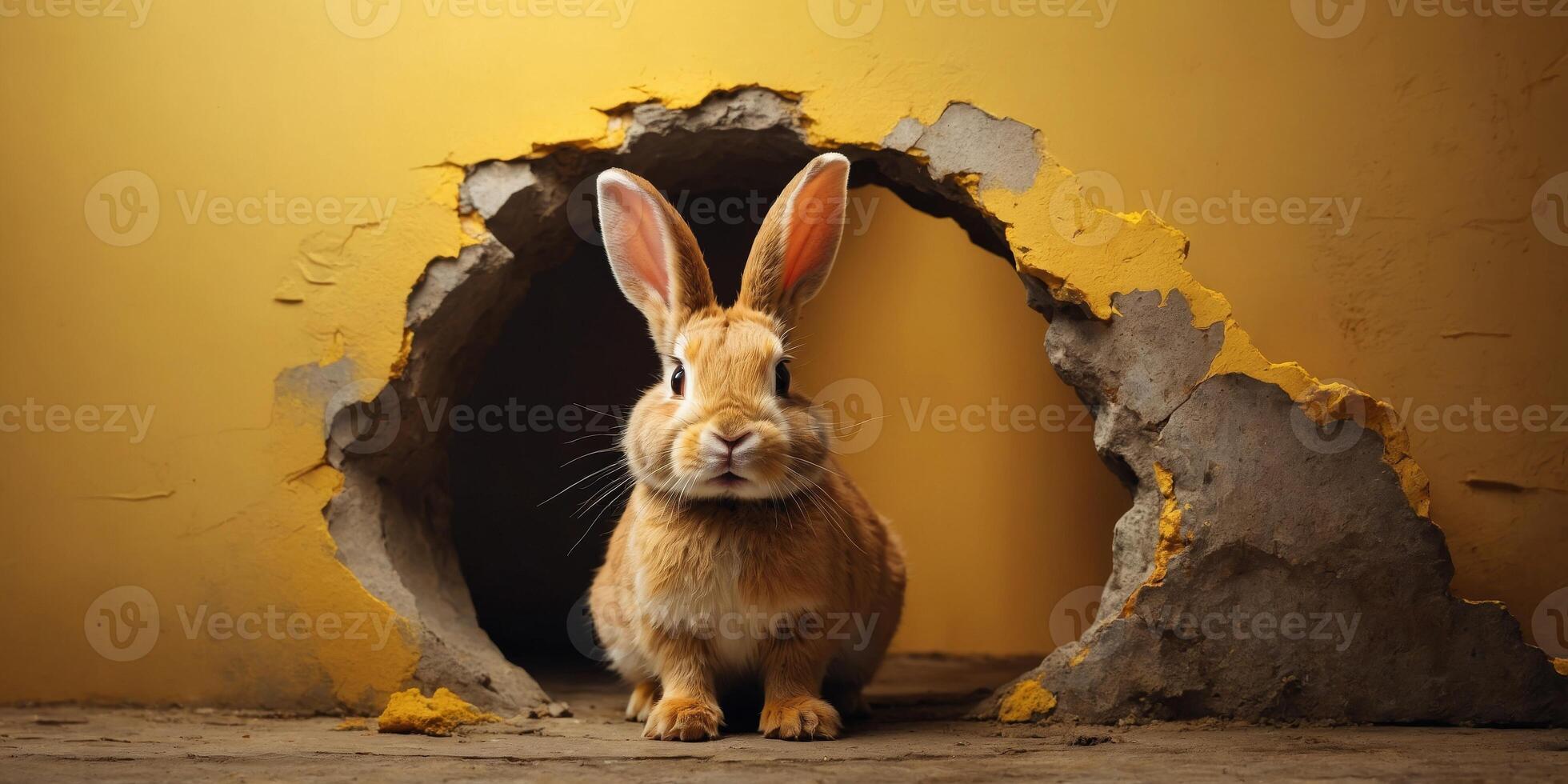 cute rabbit coming through crack hole in solid yellow background with copy space. photo