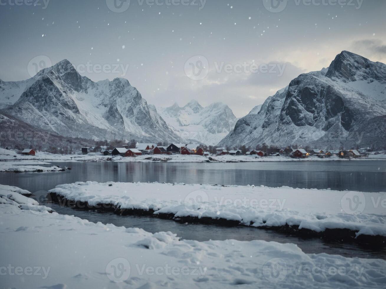 Tranquil snow-covered landscape in Lofoten during winter. photo