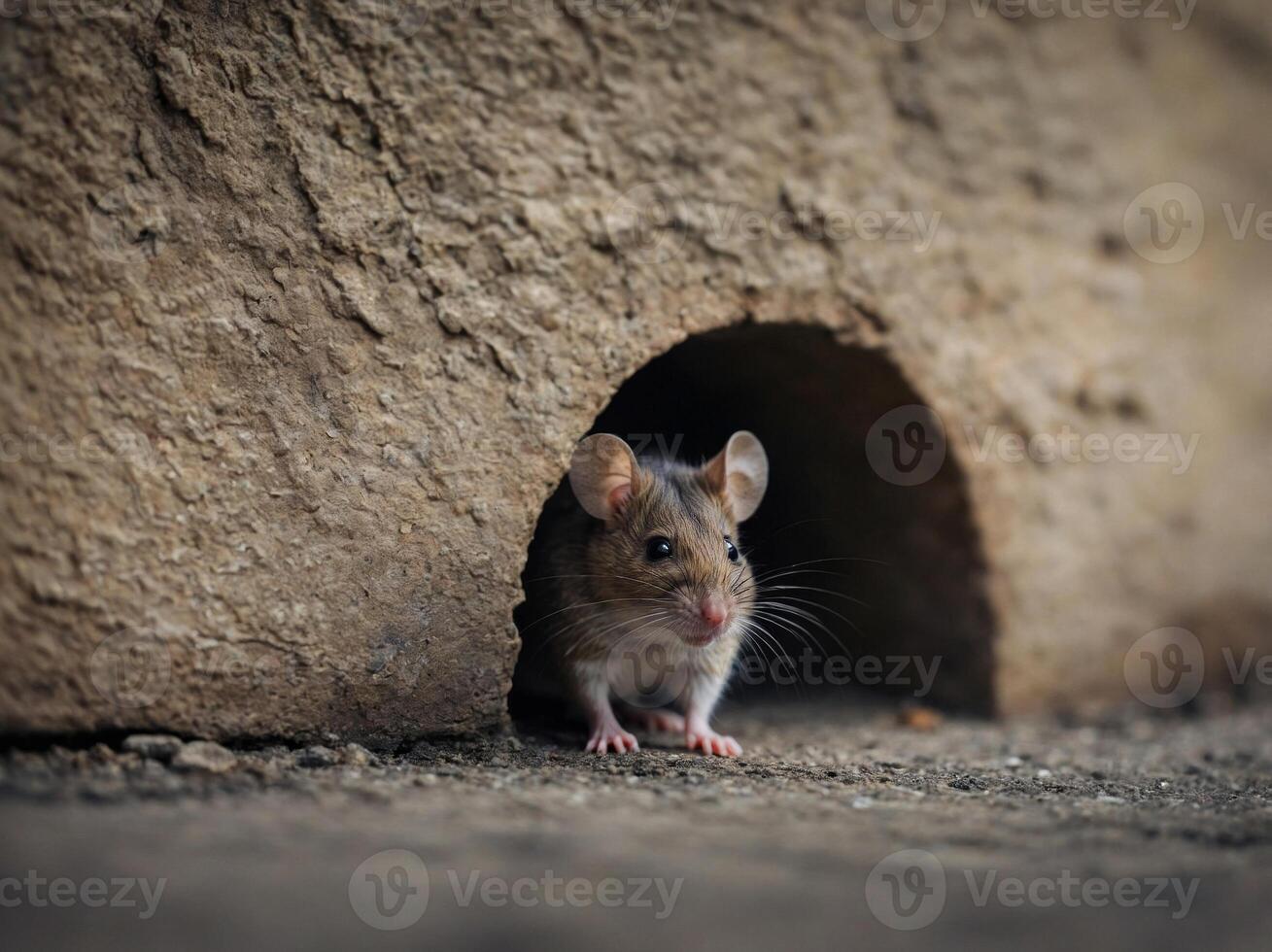 A curious mouse peeks out from a hole in a wall. photo