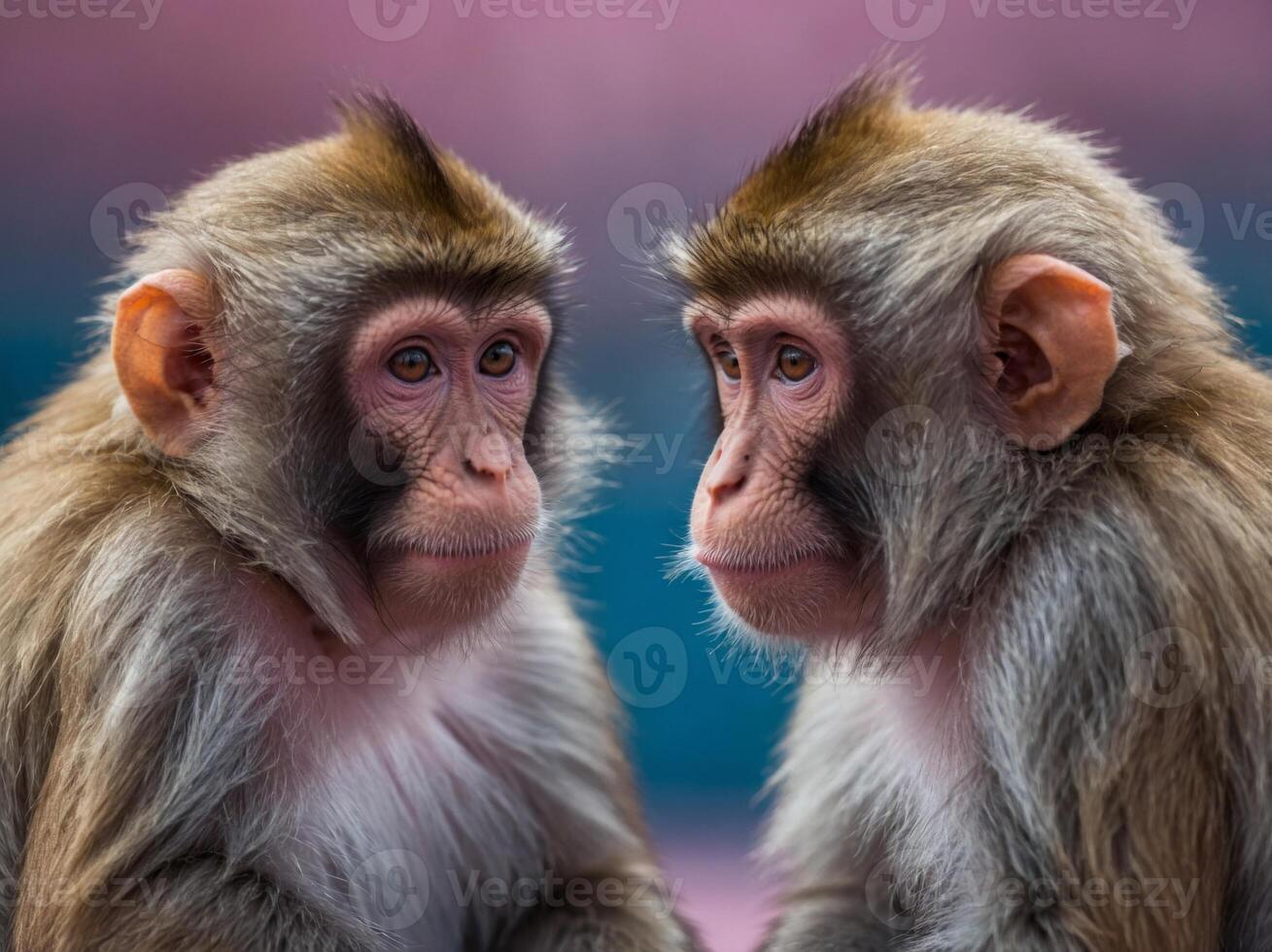 Two monkeys seated side by side on a pink-blue background face mirrors. photo