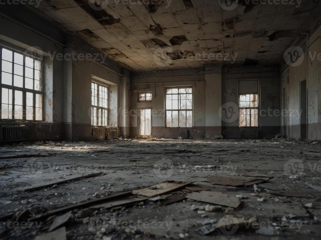 Decay and desolation in an abandoned building interior. photo