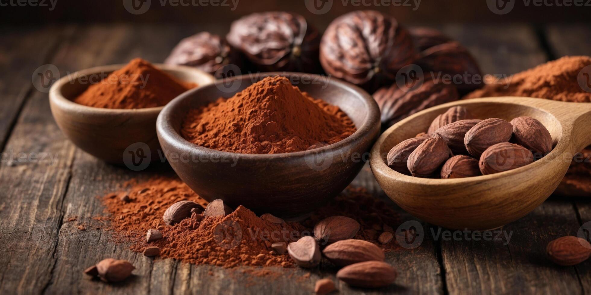 Various forms of cocoa products on a rustic background. photo