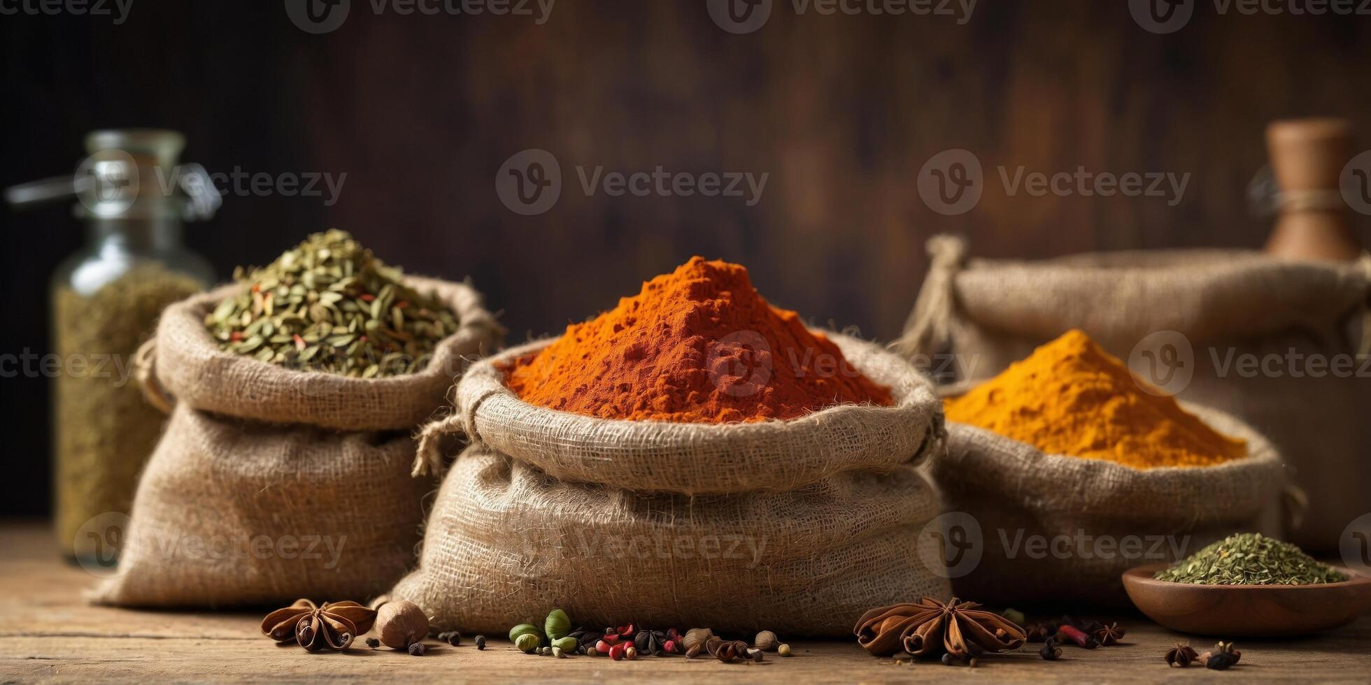 Variety of spices in burlap sacks on a rustic wooden surface. photo