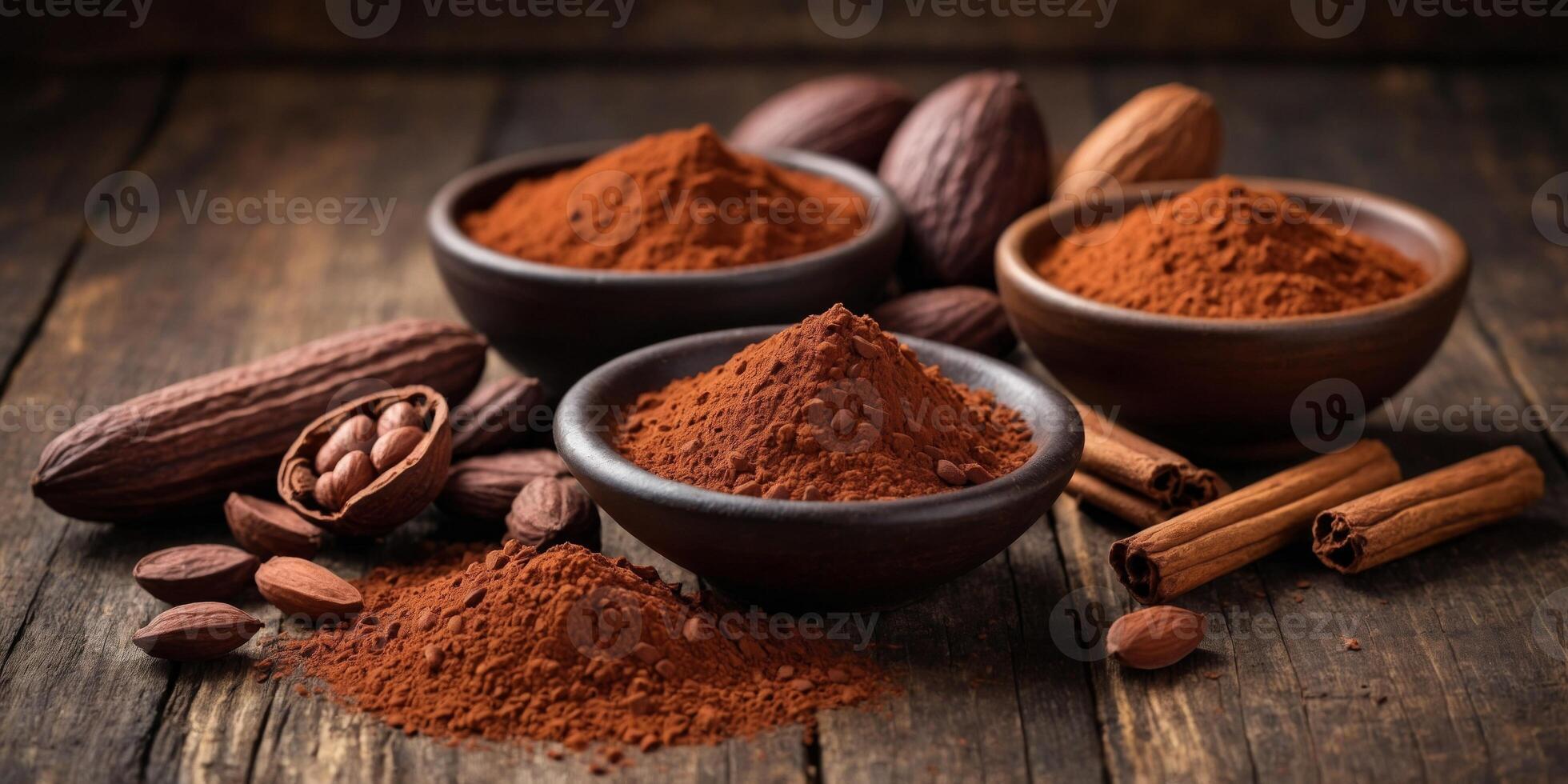 Various forms of cocoa products on a rustic background. photo