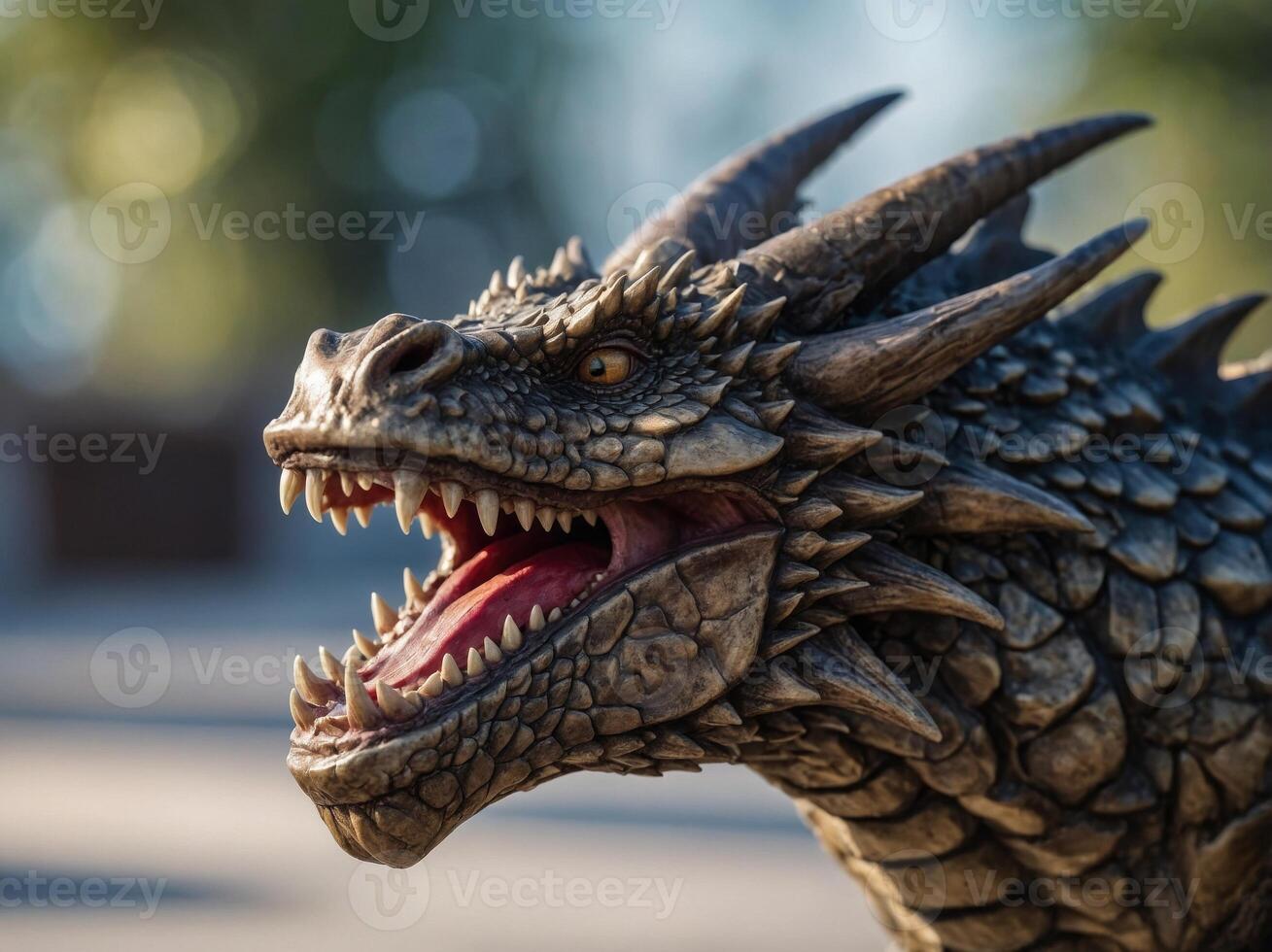 A drawing of a dragon's head with sharp teeth and a wide grin. photo