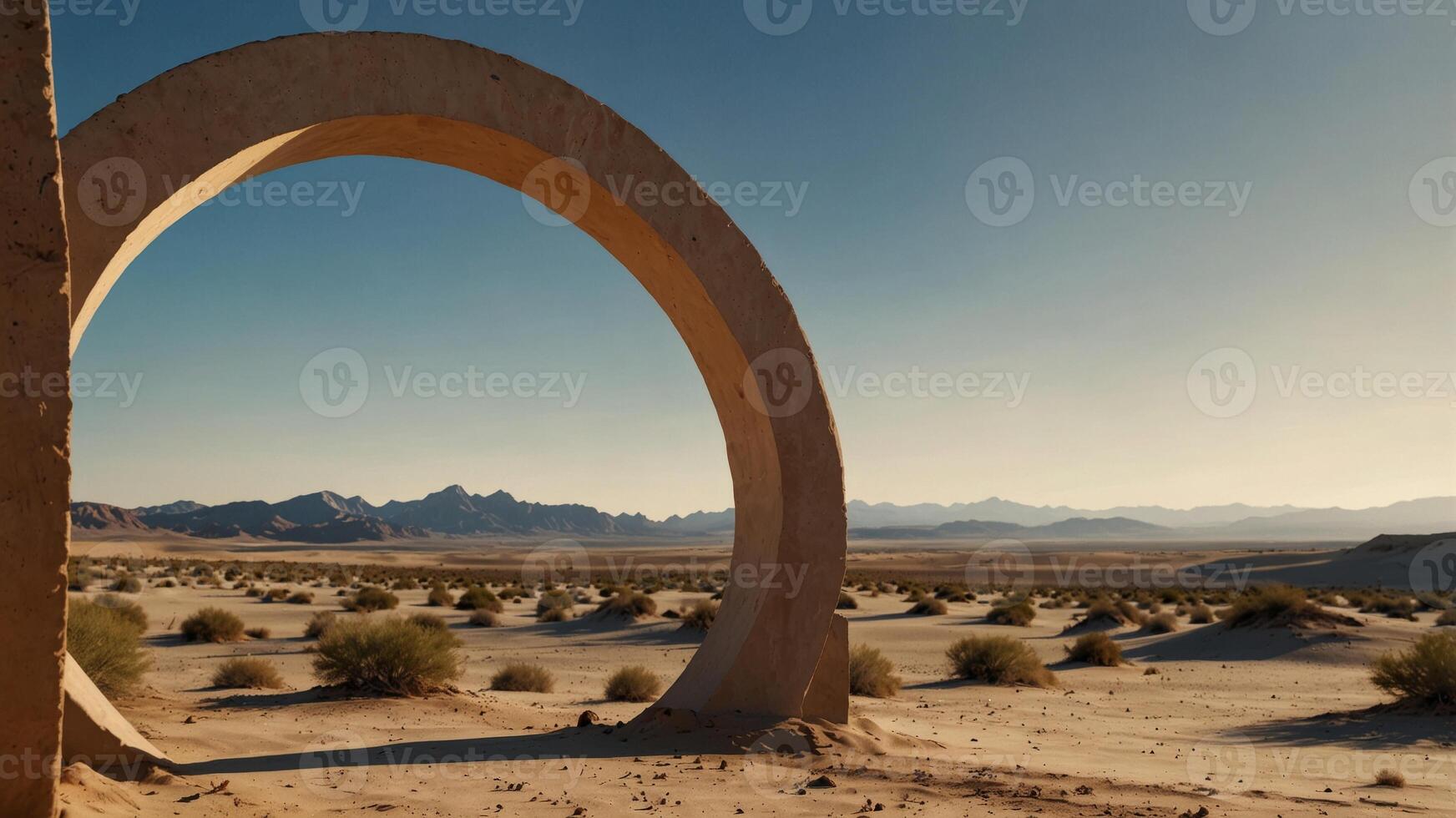 Modern circular window frame showcasing a serene desert landscape with rolling sand dunes under a clear sky. photo