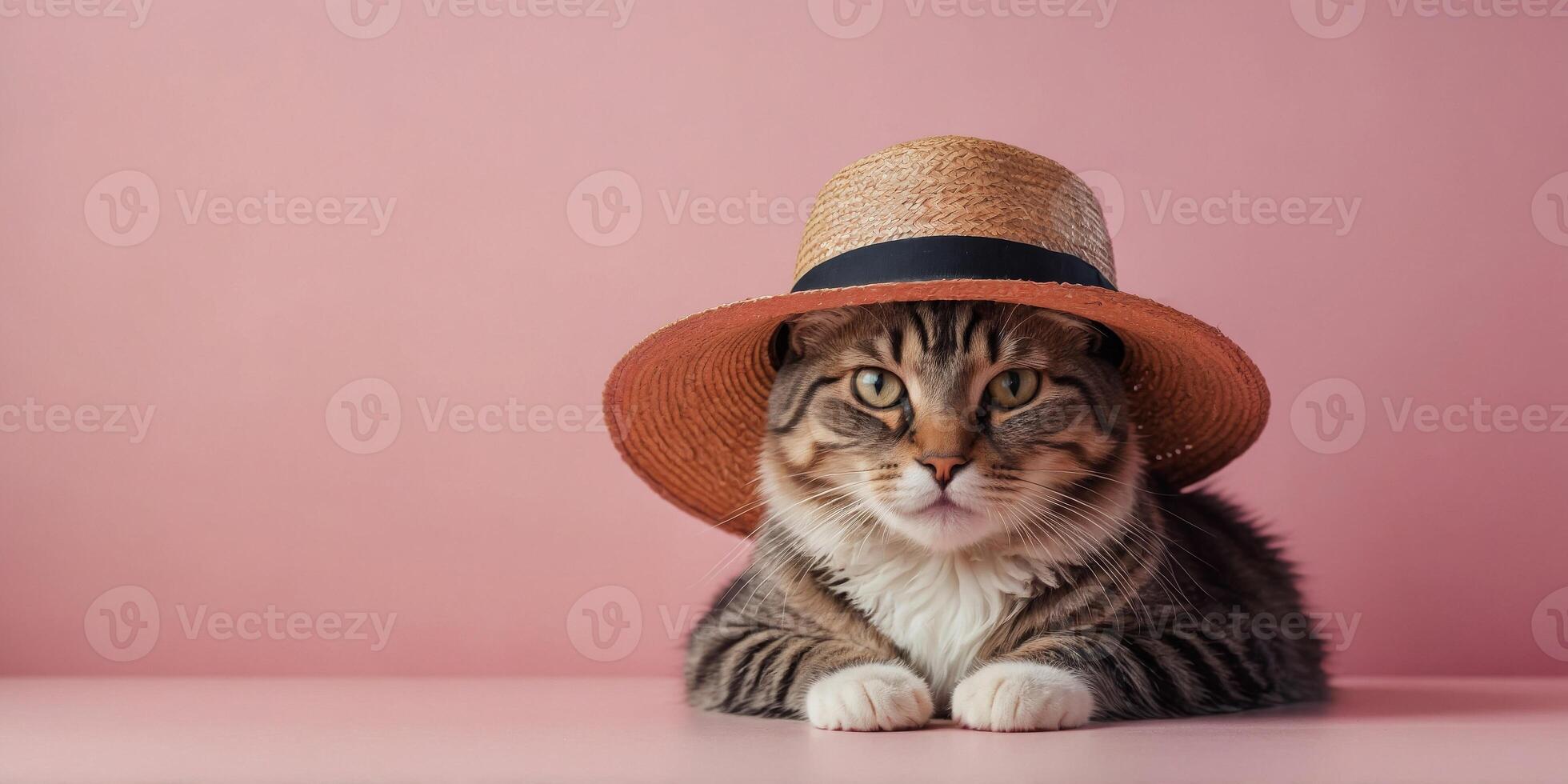 Cute cat with summer straw hat in front of pink studio background. photo
