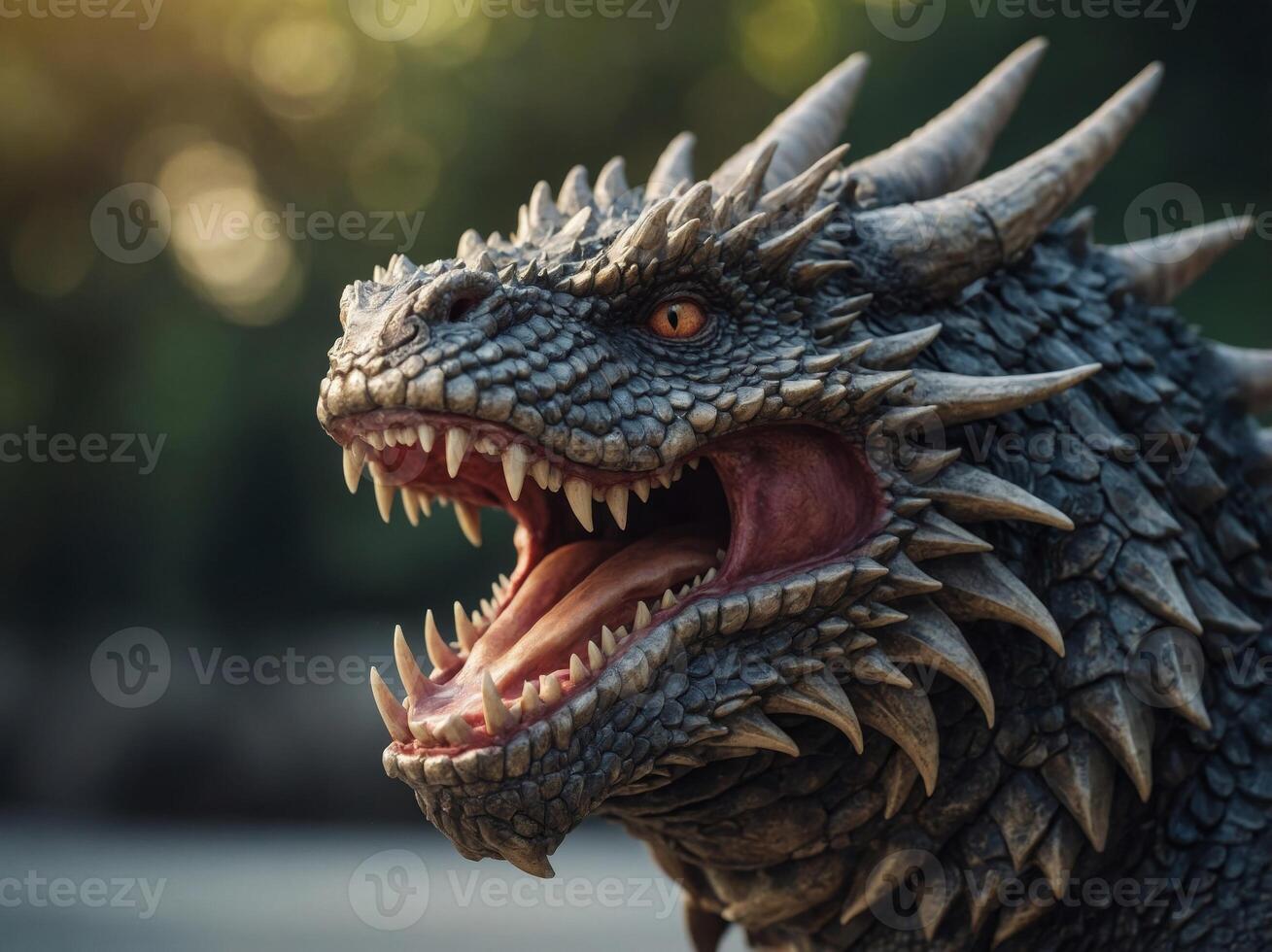 A drawing of a dragon's head with sharp teeth and a wide grin. photo