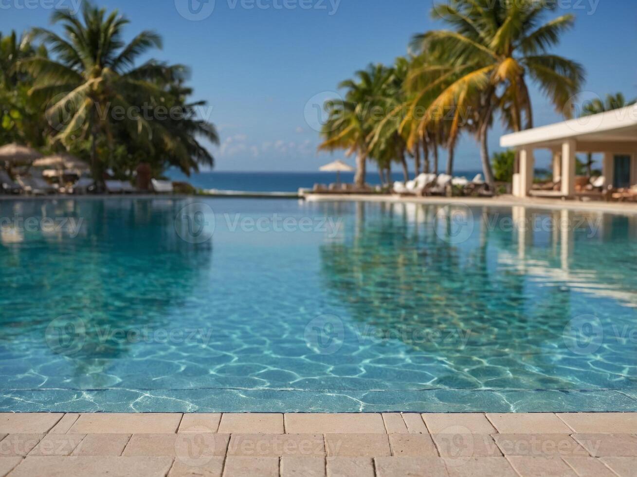 A tropical resort's empty swimming pool faces the ocean background on a sunny day. photo