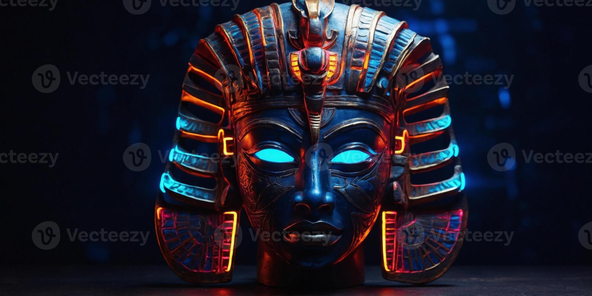 A bright neon light illuminates an Egyptian mask in the darkness. photo