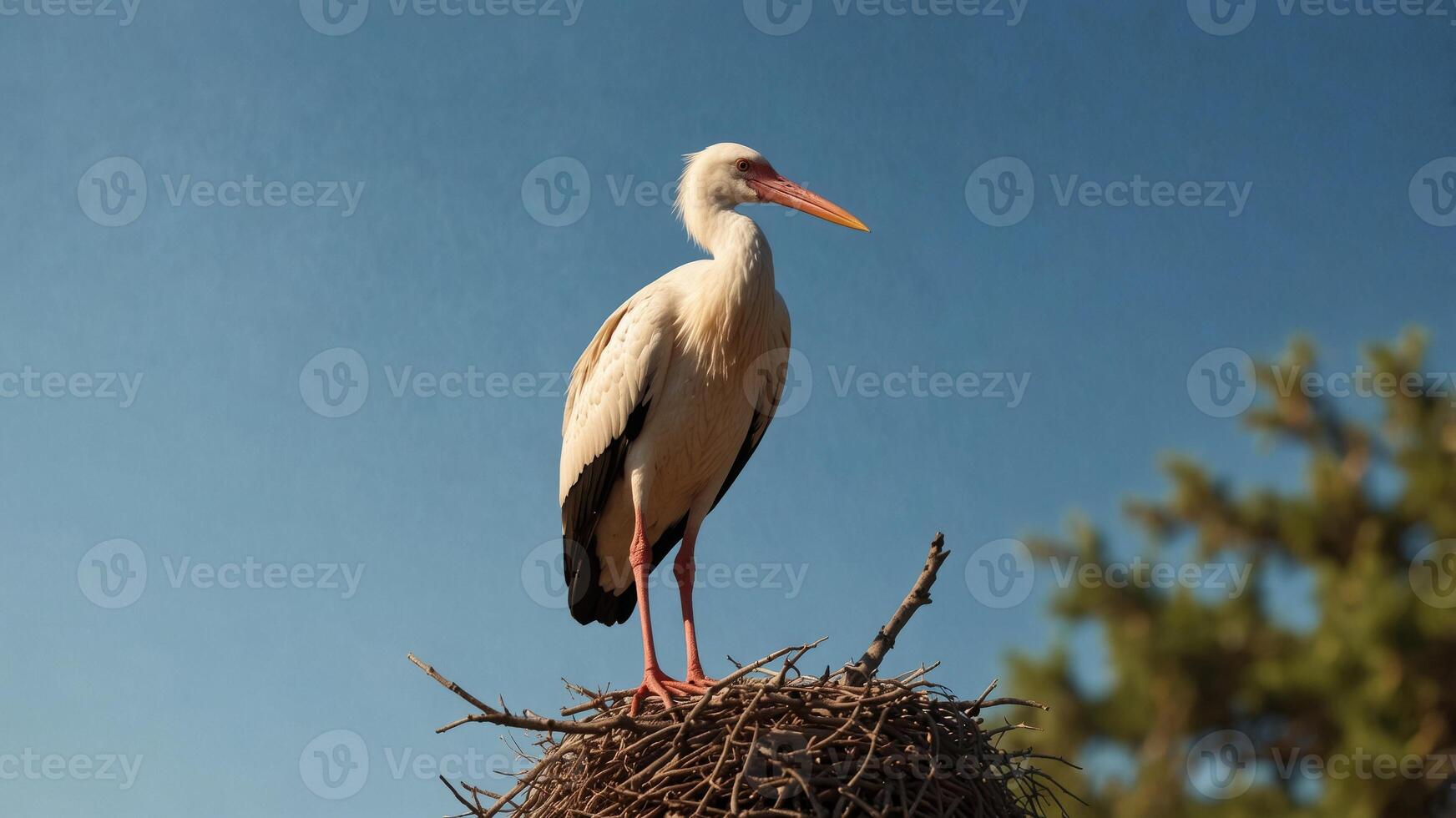 Stork standing on a branch near a nest under a clear blue sky. photo