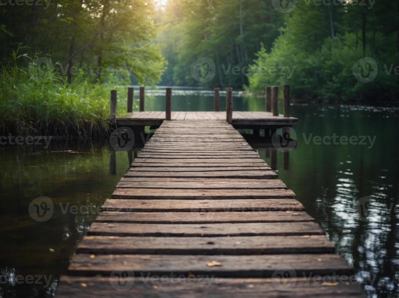 Wooden pier in a quiet forest by the lake. photo