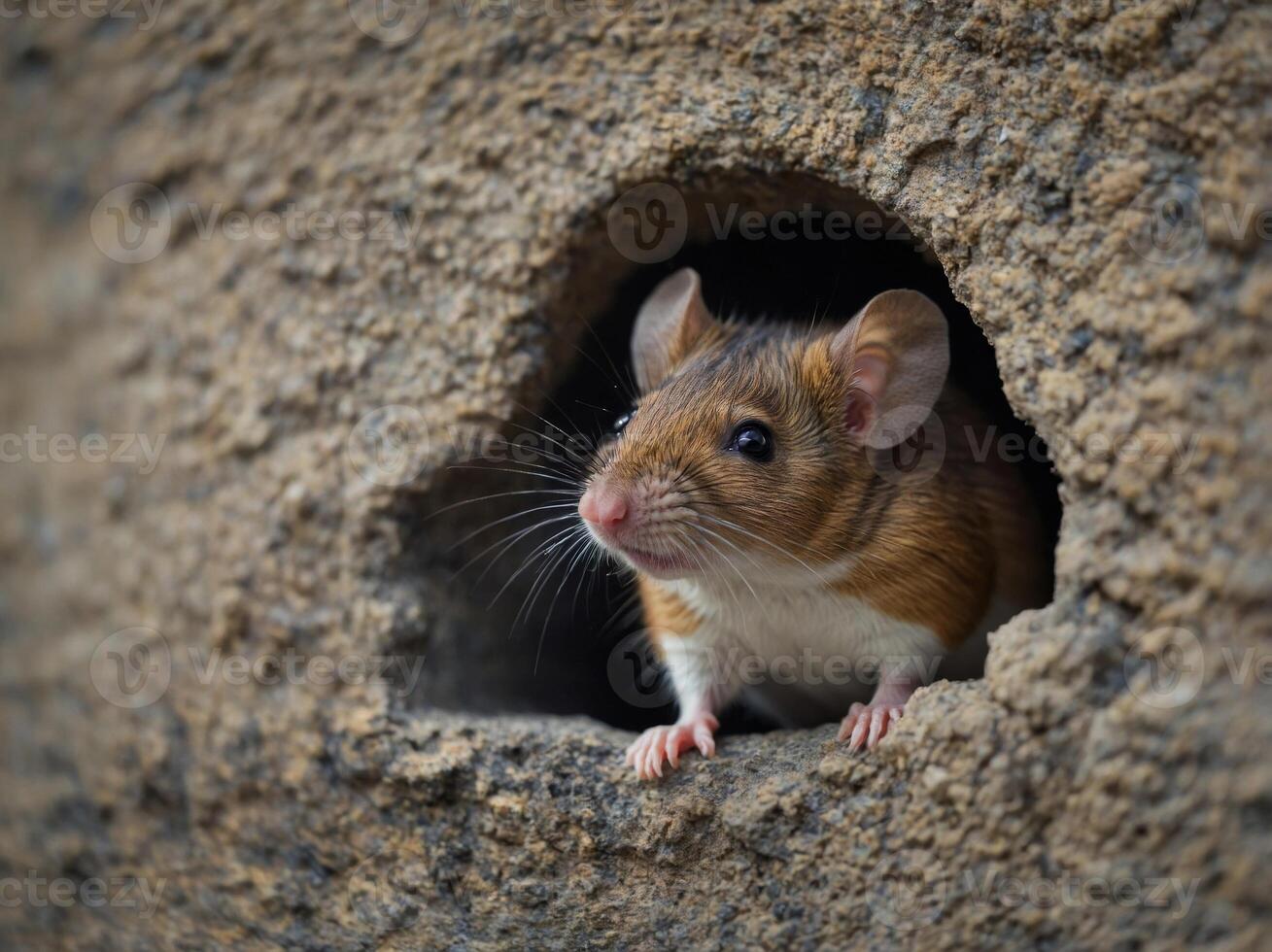 A curious mouse peeks out from a hole in a wall. photo