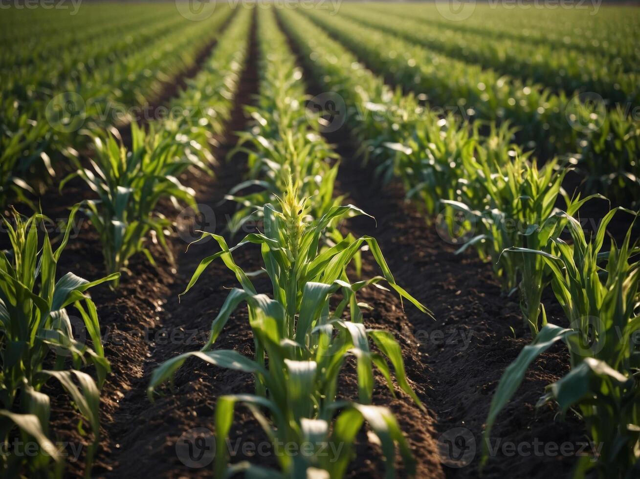 Expansive field of corn with drip irrigation system. photo