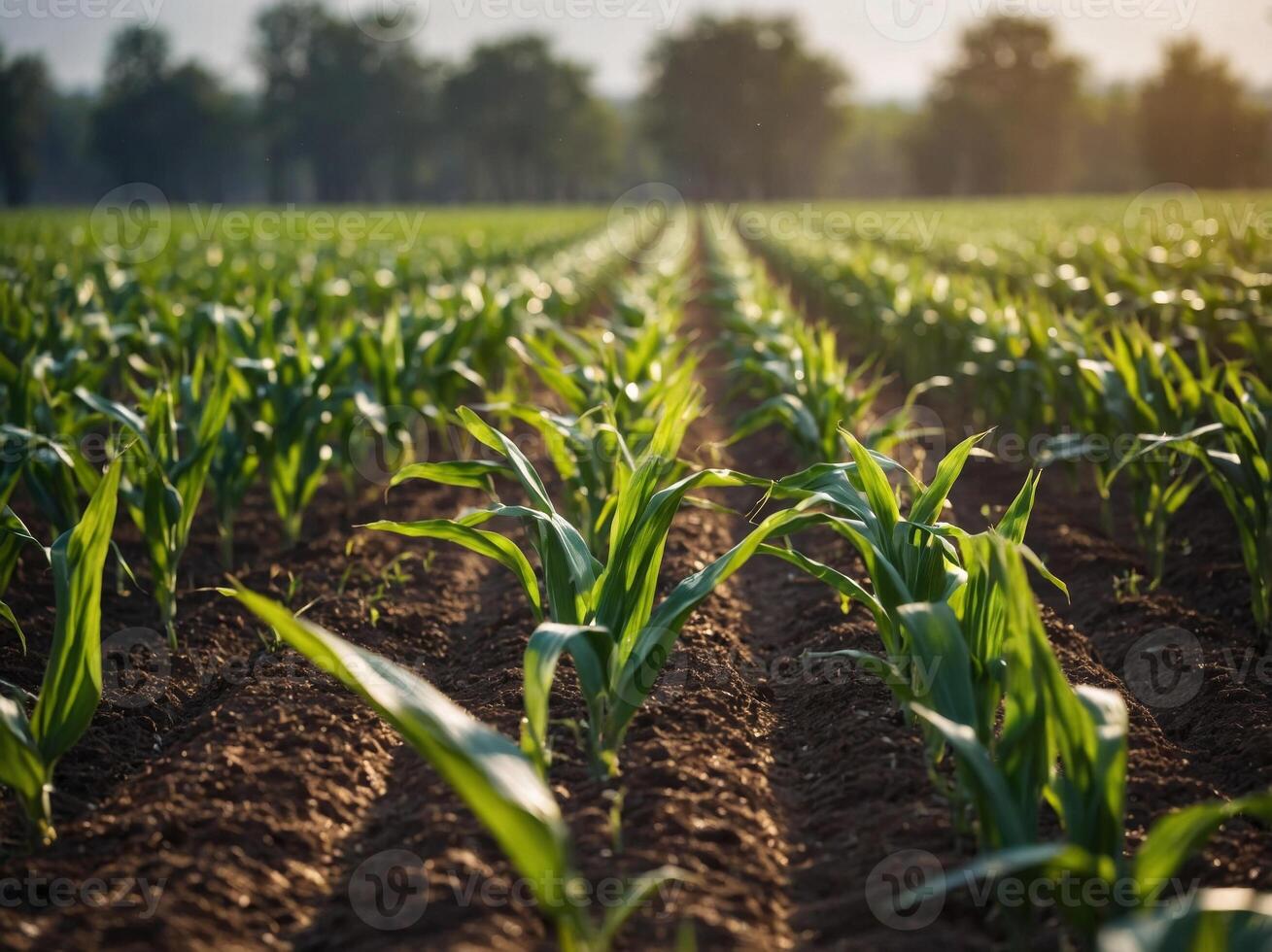 Expansive field of corn with drip irrigation system. photo