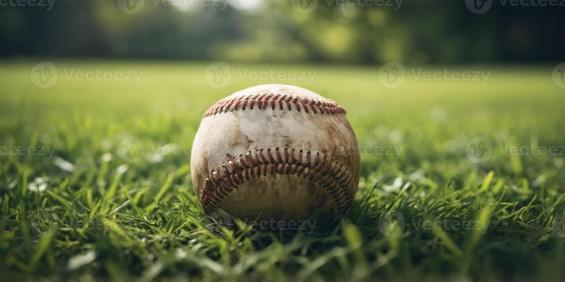 A baseball rests on a lush green grass field. photo