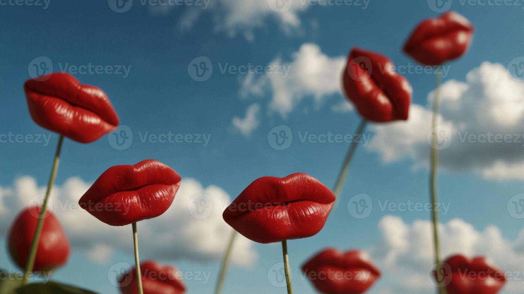 Red juicy lips in a bunch with sky and clouds in background Valentine's concept Love theme. photo