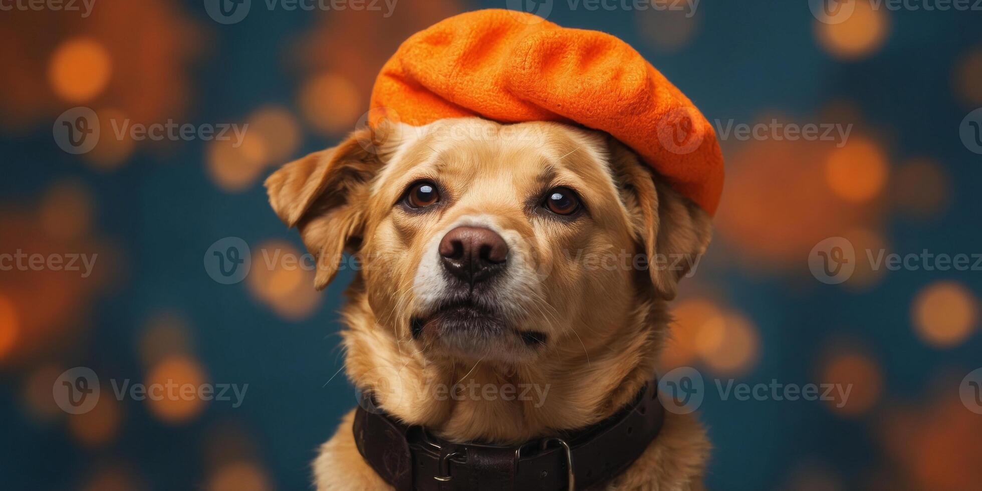 Dog with beret hat in front of orange studio background. photo