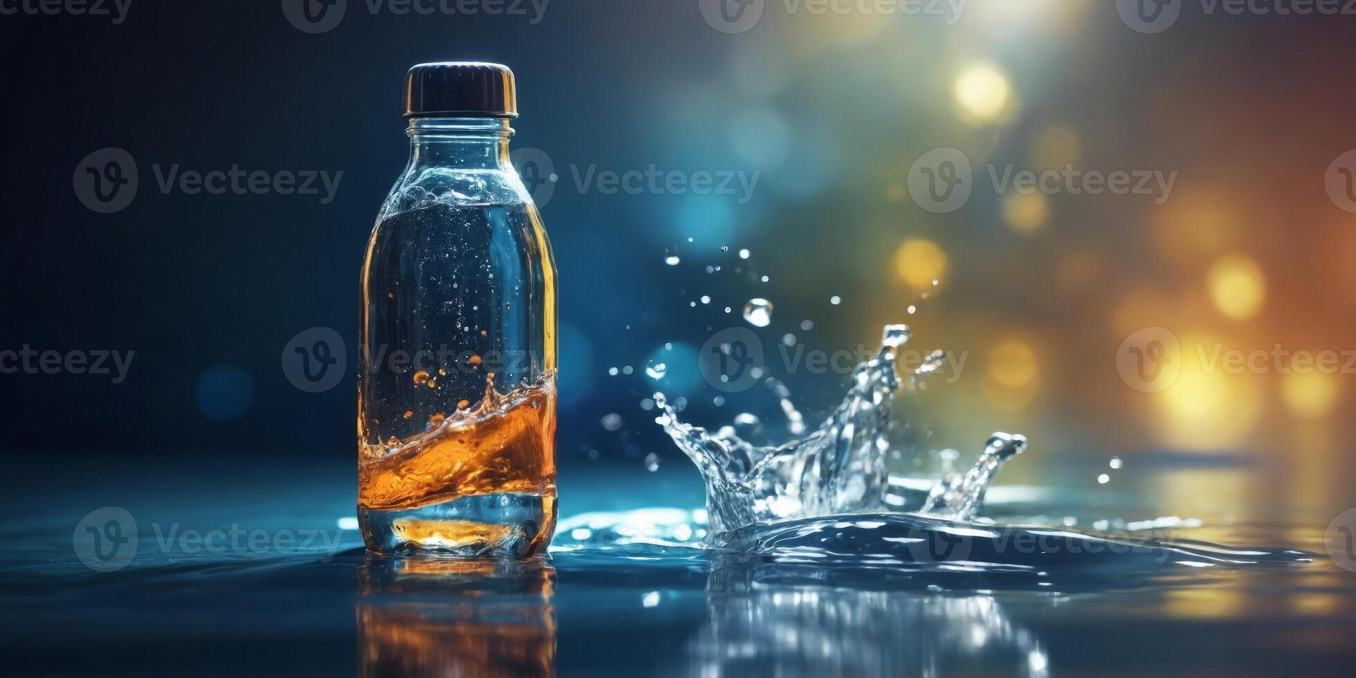 Water bottle splashing on a reflective surface. photo