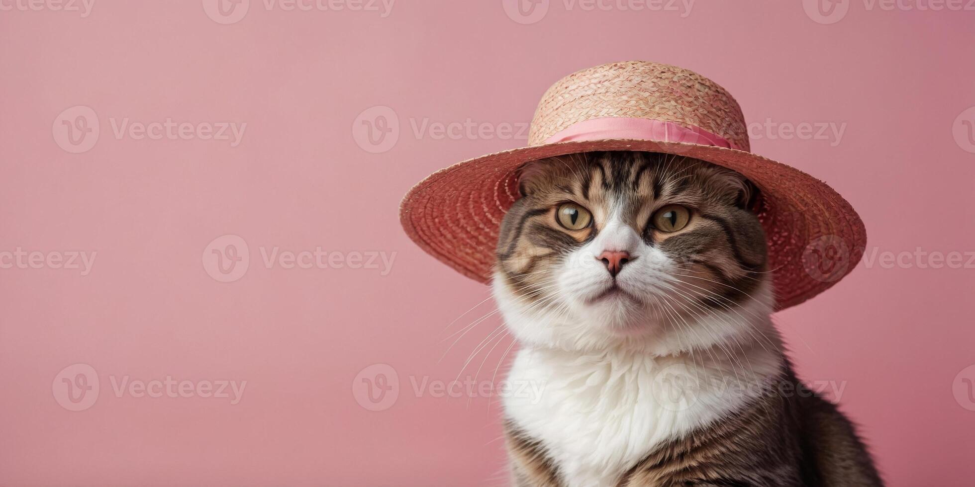 Cute cat with summer straw hat in front of pink studio background. photo