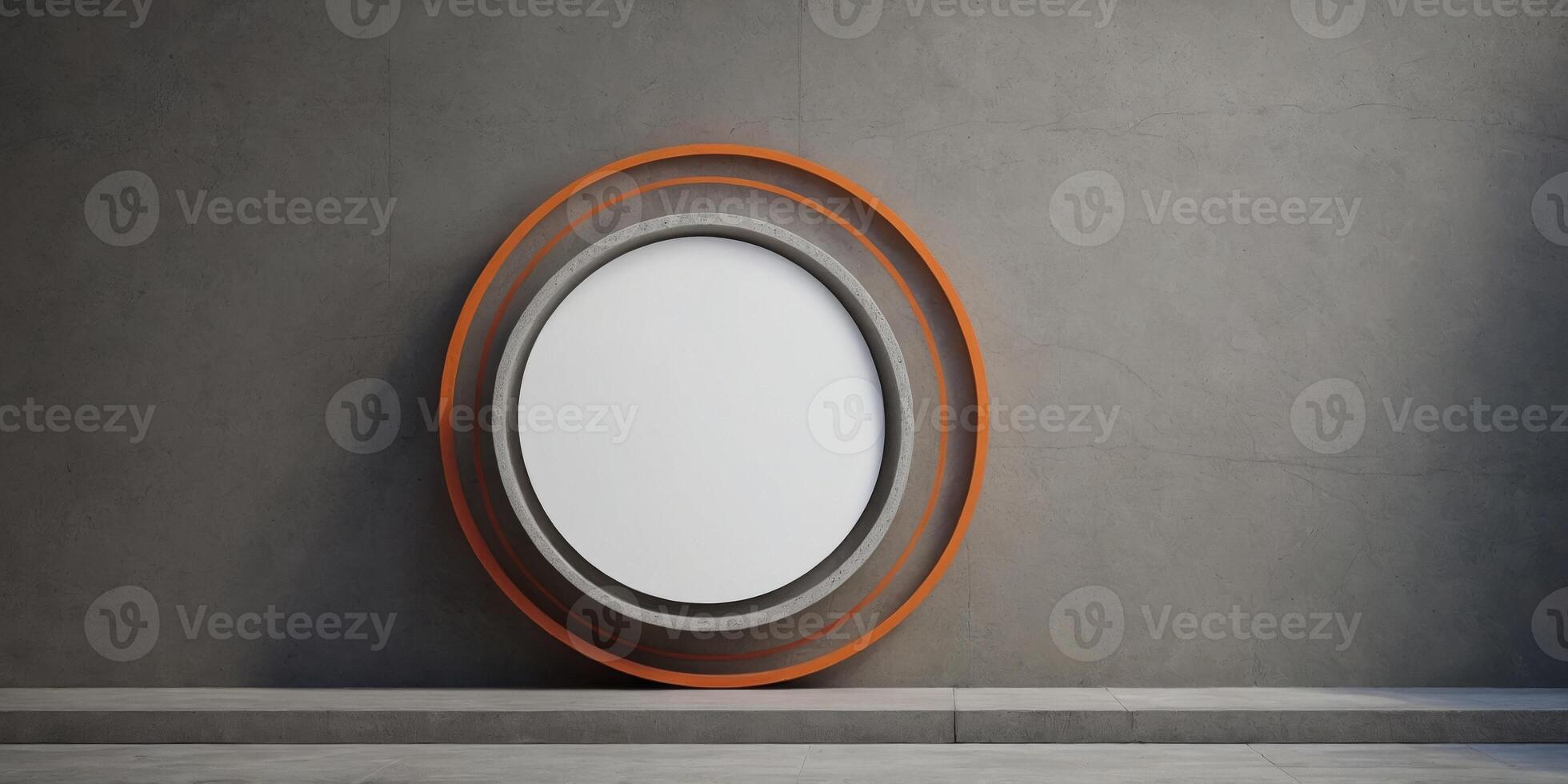 A round white sign on a concrete wall with clean and minimalist design. photo