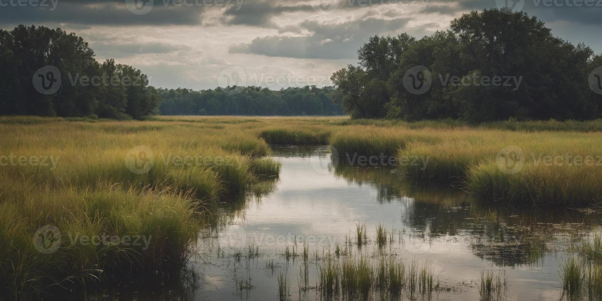 Serene river winding through a grassy marsh under cloudy skies. photo